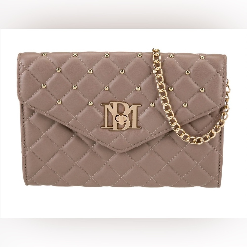 Badgley Mischka NWT Crossbody Diamond Quilting Round Studs on Front Taupe Gold